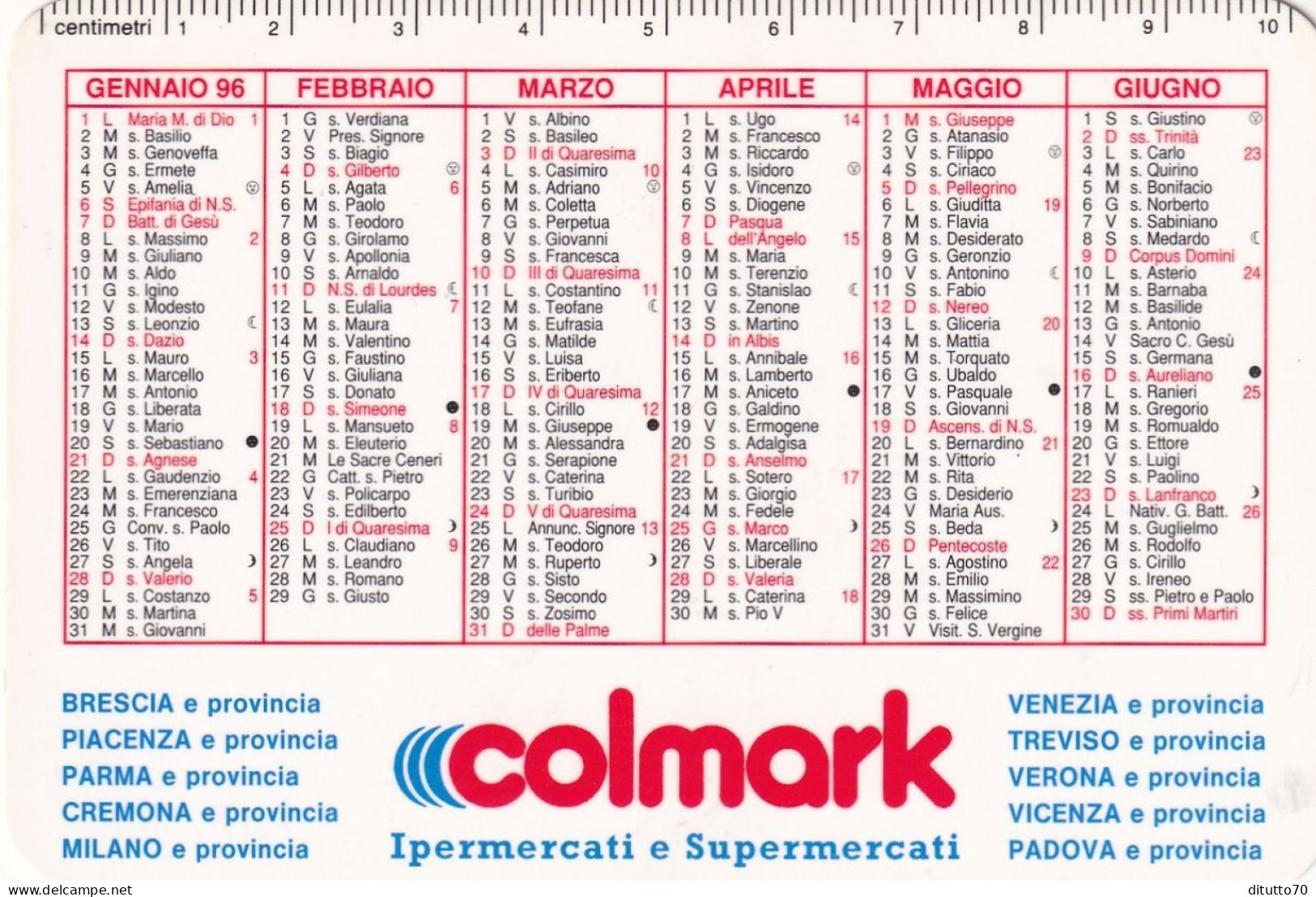 Calendarietto - Colmark - Ipermercati E Supemercati - Anno 1996 - Petit Format : 1991-00