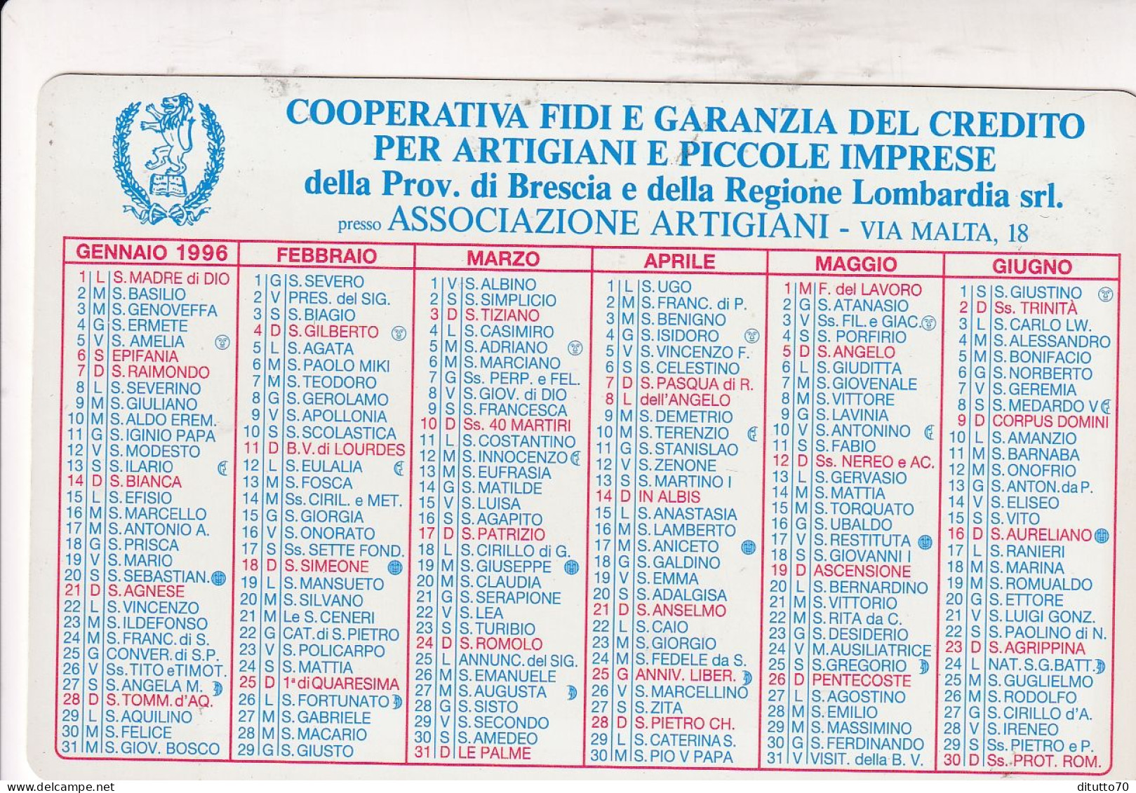 Calendarietto - Cooperativa Fidi E Gaazia Del Credito - Brescia - Anno 1996 - Petit Format : 1991-00