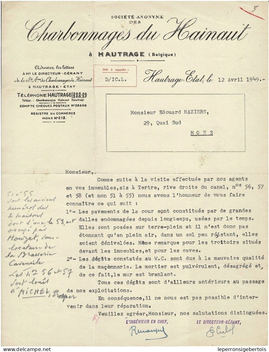 Lettre - Charbonnages Du Hainaut à Hautrage - - 1900 – 1949