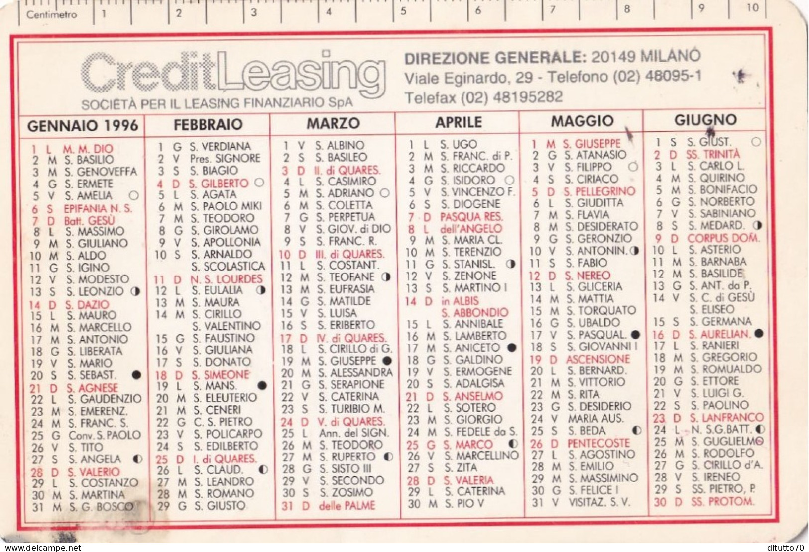 Calendarietto - Credit Leasing - Milano - Anno 1996 - Formato Piccolo : 1991-00