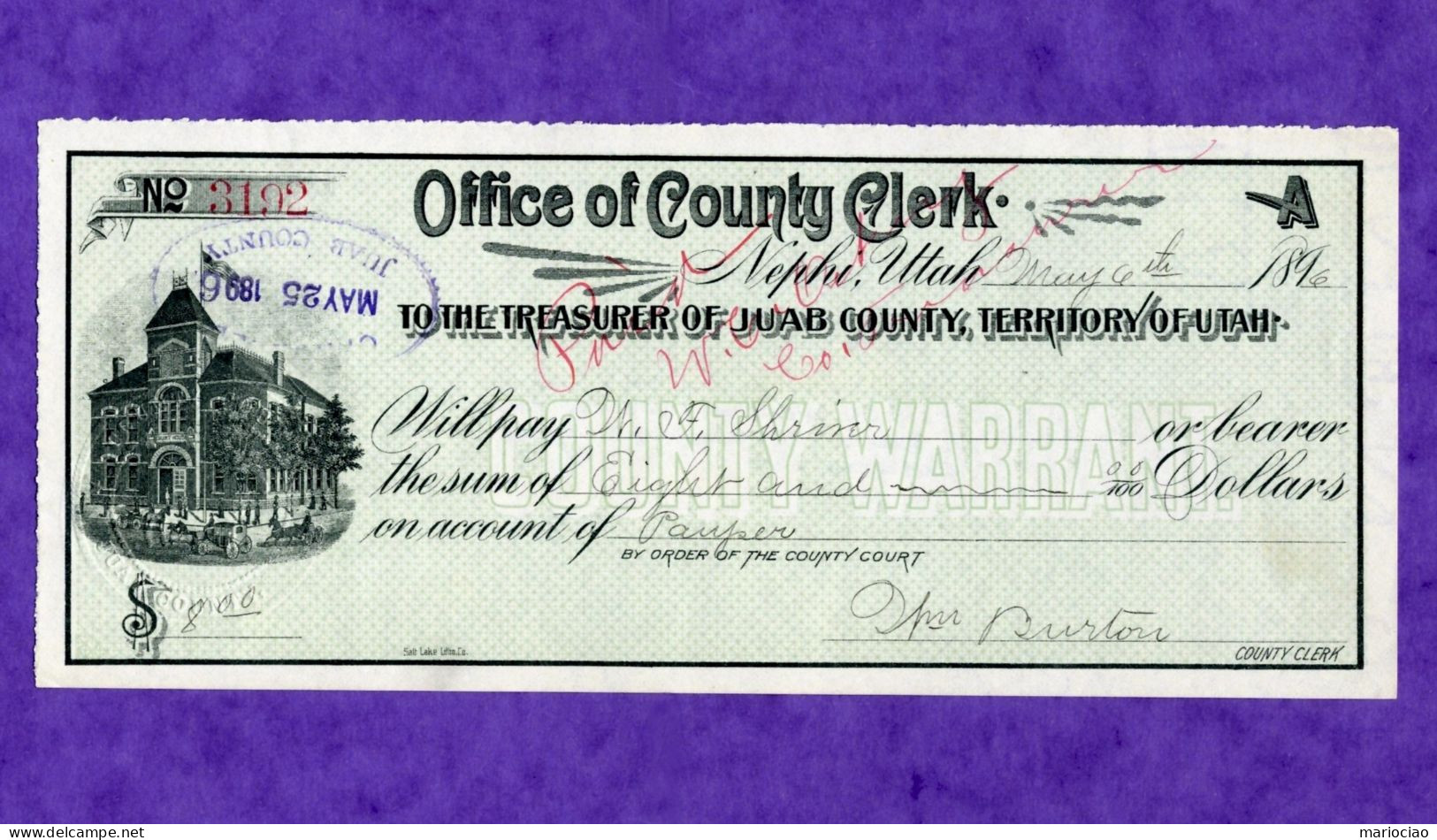 USA Check Office Of County Clerk 1896 Juab County Nephi Utah VERY RARE - Autres & Non Classés