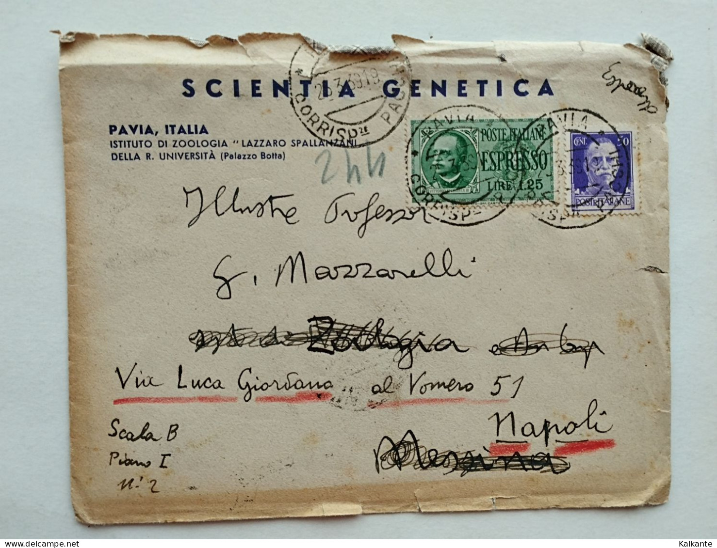 1939 - BUSTA "SCENTIA GENETICA", Istit.Spallanzani, Pavia - Altri & Non Classificati