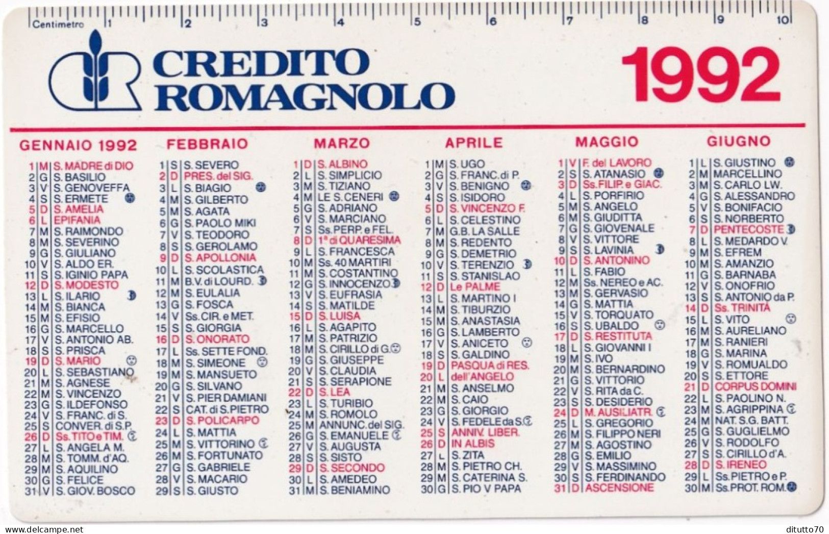 Calendarietto - Credito Romagnolo - Anno 1992 - Formato Piccolo : 1991-00