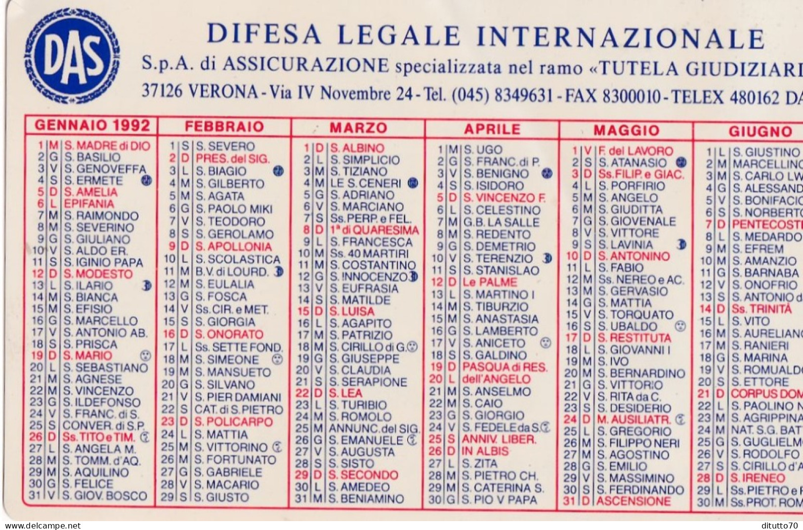 Calendarietto - DAS - Difesa Legale Internazionale - Verona - Anno 1992 - Formato Piccolo : 1991-00