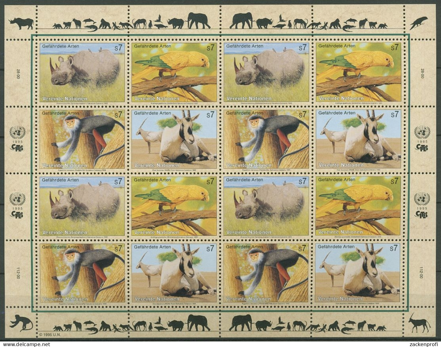 UNO Wien 1995 Gefährdete Arten: Tiere 180/83 ZD-Bogen Postfrisch (C14186) - Blocks & Kleinbögen