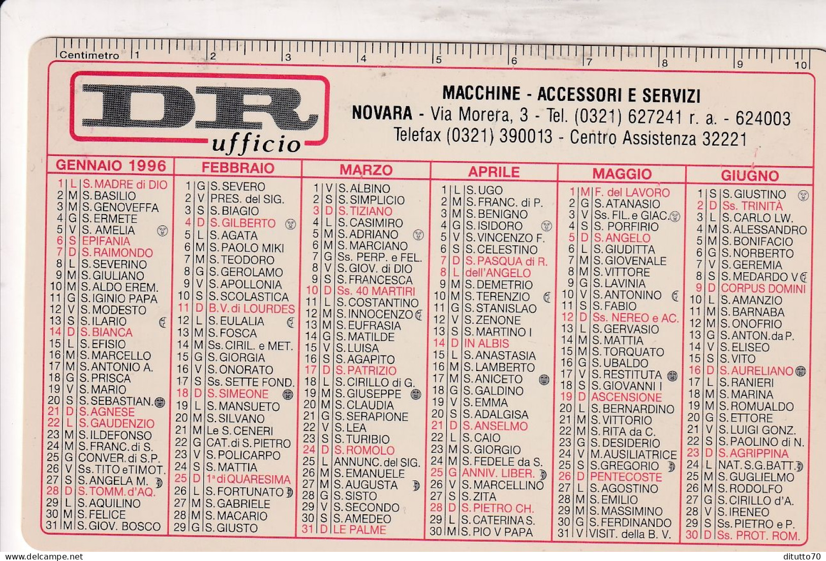 Calendarietto - DR - Macchine - Accesori E Servizi - Novara - Anno 1996 - Petit Format : 1991-00