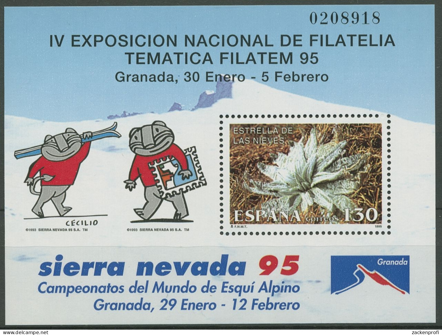 Spanien 1995 FILATEM Grenada Ski-WM Sierra Nevada Block 56 Postfrisch (C91656) - Blocs & Hojas