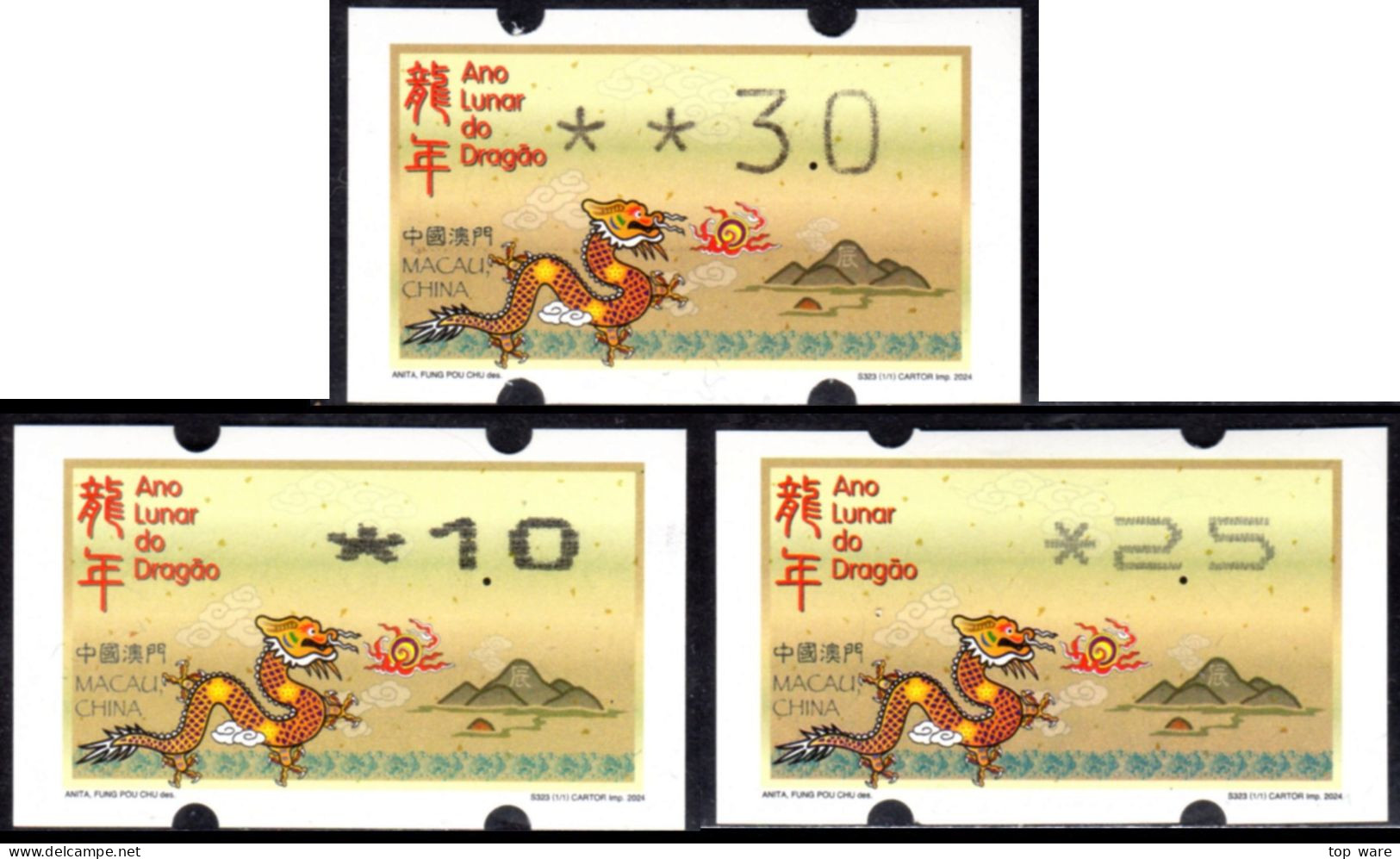 2024 China Macau ATM Stamps Drachen Dragon MNH / Alle Drei Typen Klussendorf Nagler Newvision Automatenmarken Automatici - Distributori