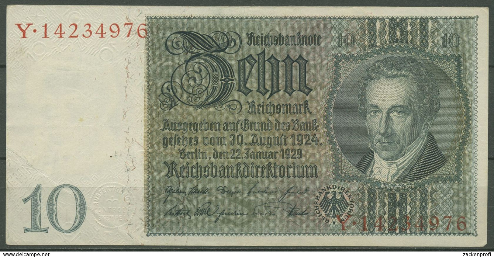 Dt. Reich 10 Reichsmark 1929, DEU-183a Serie S/Y, Leicht Gebraucht (K1491) - 10 Mark