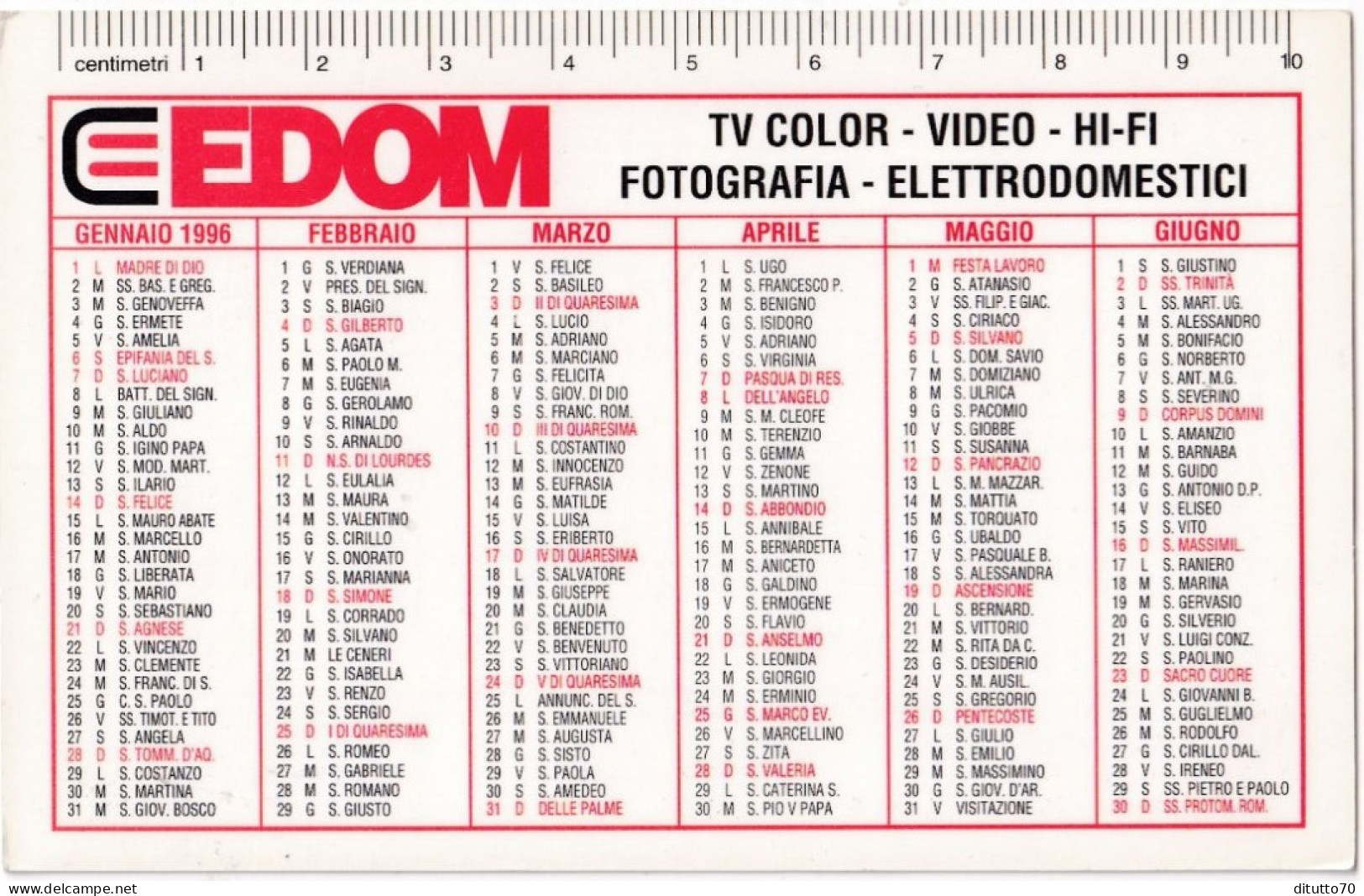 Calendarietto - Edom - Tvcolor - Video - Hi-fi - Anno 1996 - Formato Piccolo : 1991-00