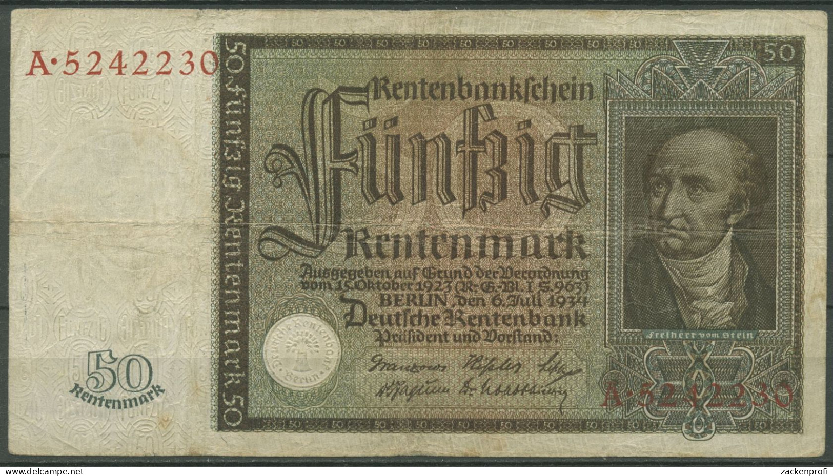 Dt. Reich 50 Rentenmark 1934, DEU-221 Serie A, Stark Gebraucht (K1488) - 50 Rentenmark