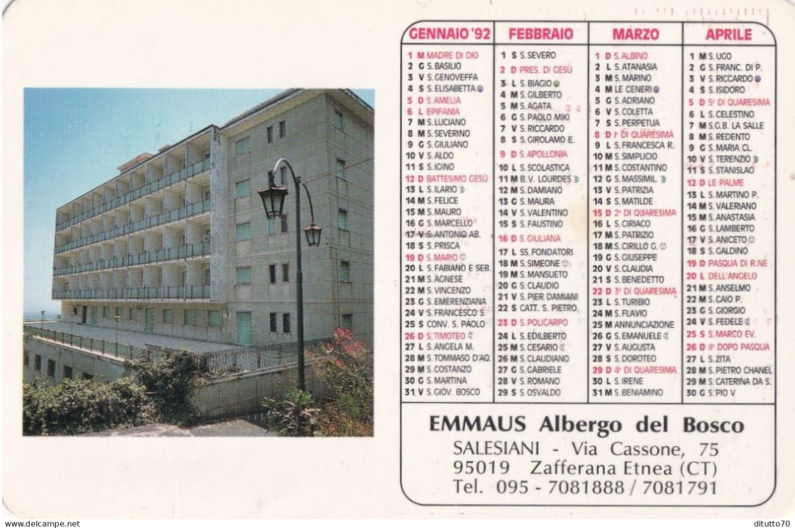 Calendarietto - Emmaus Albergo Del Bosco - Zafferana Etnea - Catania - Anno 1992 - Formato Piccolo : 1991-00