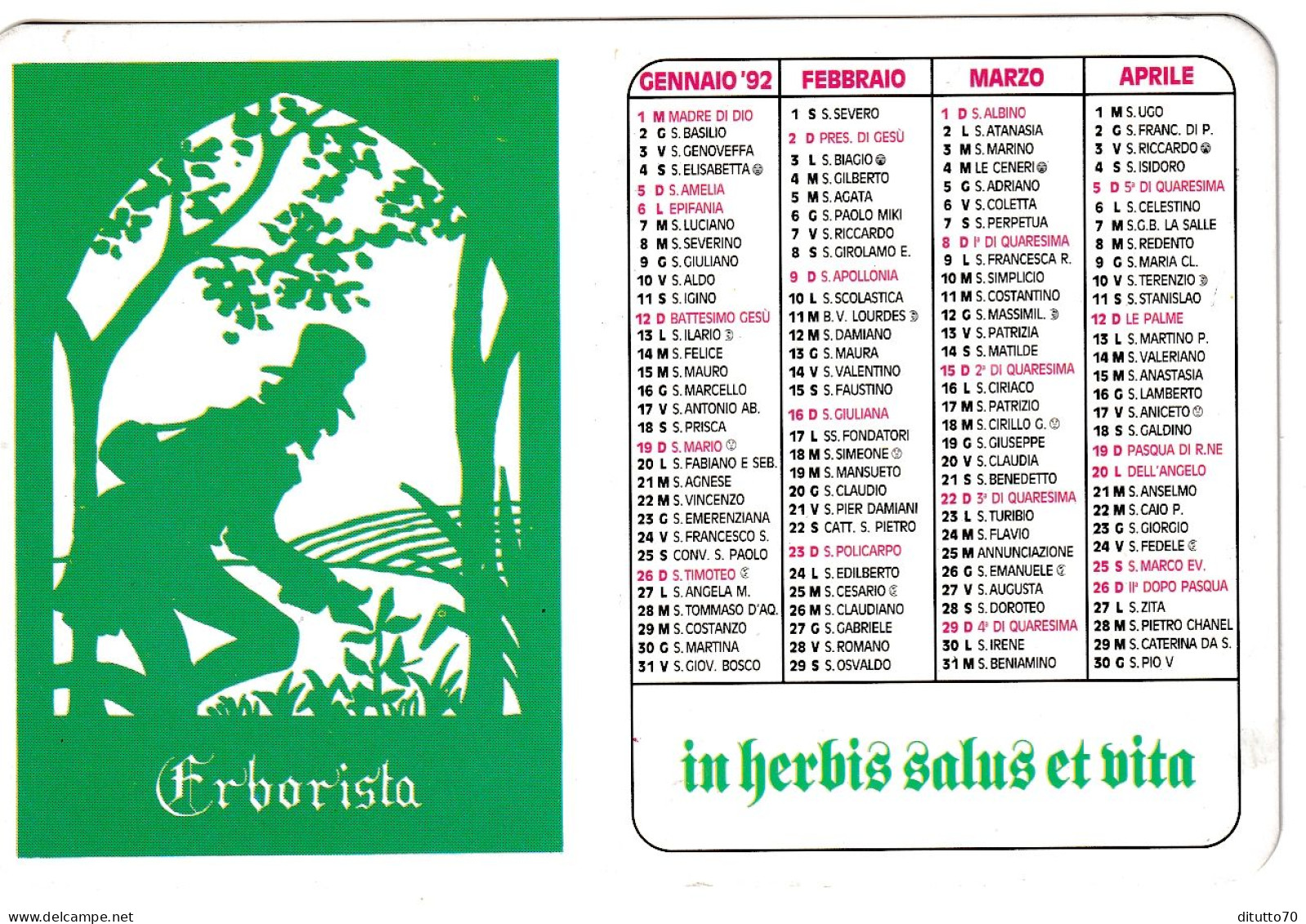 Calendarietto - Erboristeria - La Spezia - Anno 1992 - Formato Piccolo : 1991-00