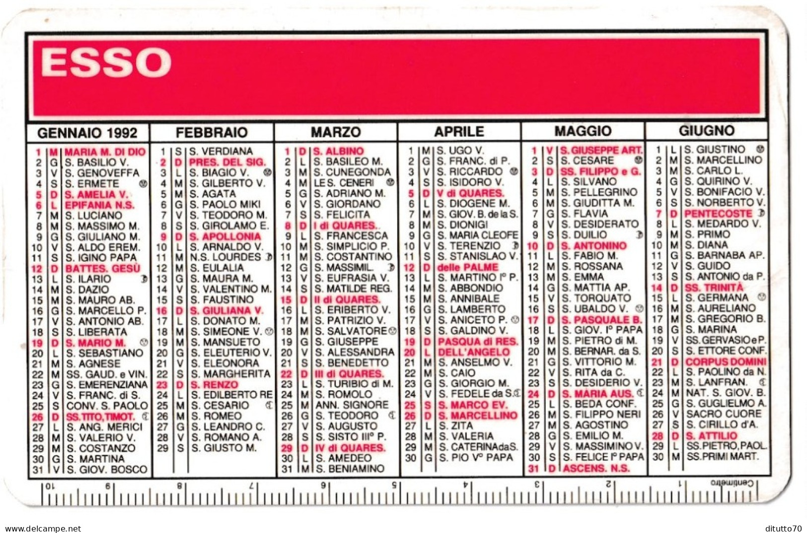 Calendarietto - Esso - Rag.roberto Salvatore - Messina - Anno 1992 - Formato Piccolo : 1991-00