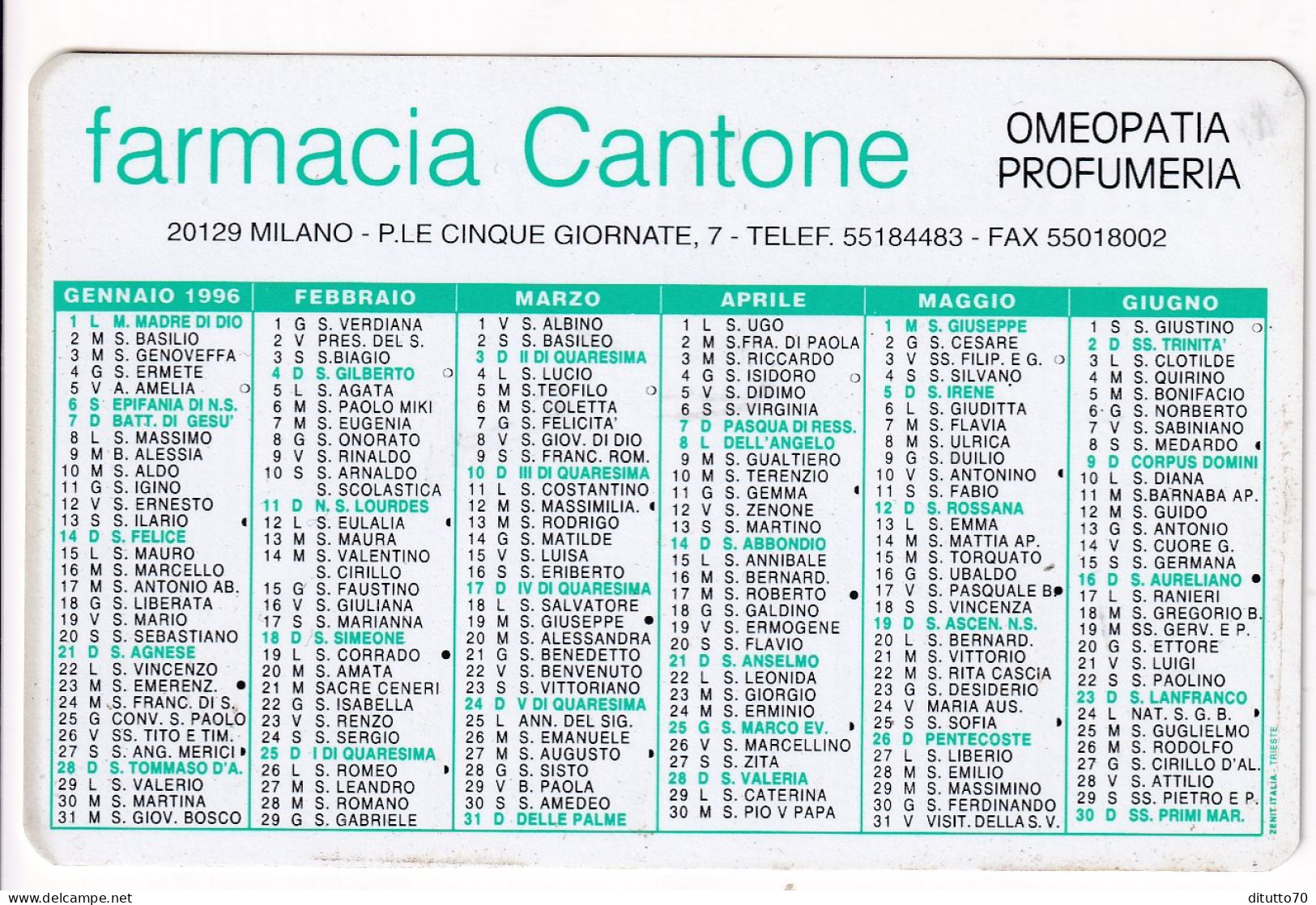 Calendarietto - Farmacia  Cantone - Milano - Anno 1996 - Petit Format : 1991-00