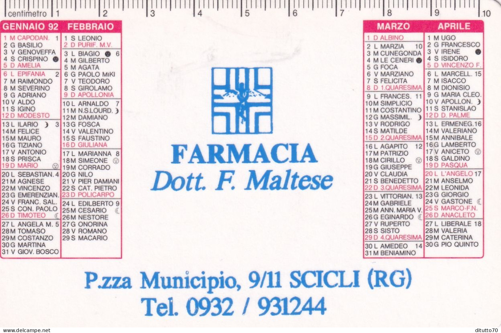 Calendarietto - Farmacia  Dott.f.maltese - Scicli - Ragusa - Anno 1992 - Petit Format : 1991-00