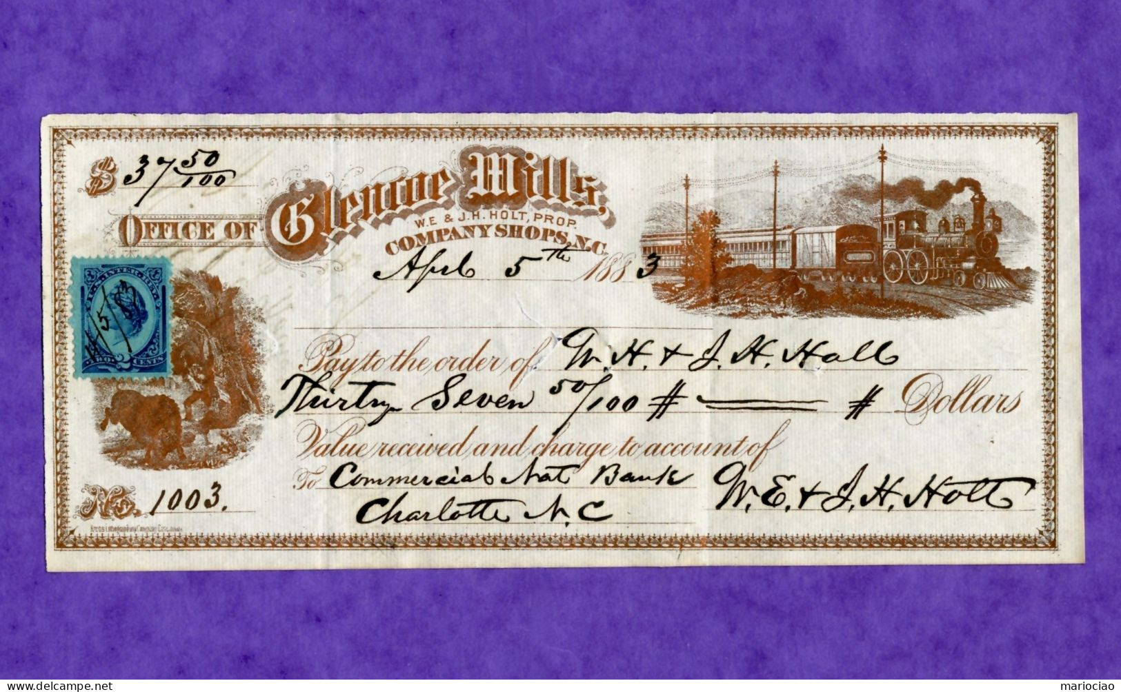 USA Check Office Of Glencoe Mills 1883 EXTREMELY RARE ! - Autres & Non Classés