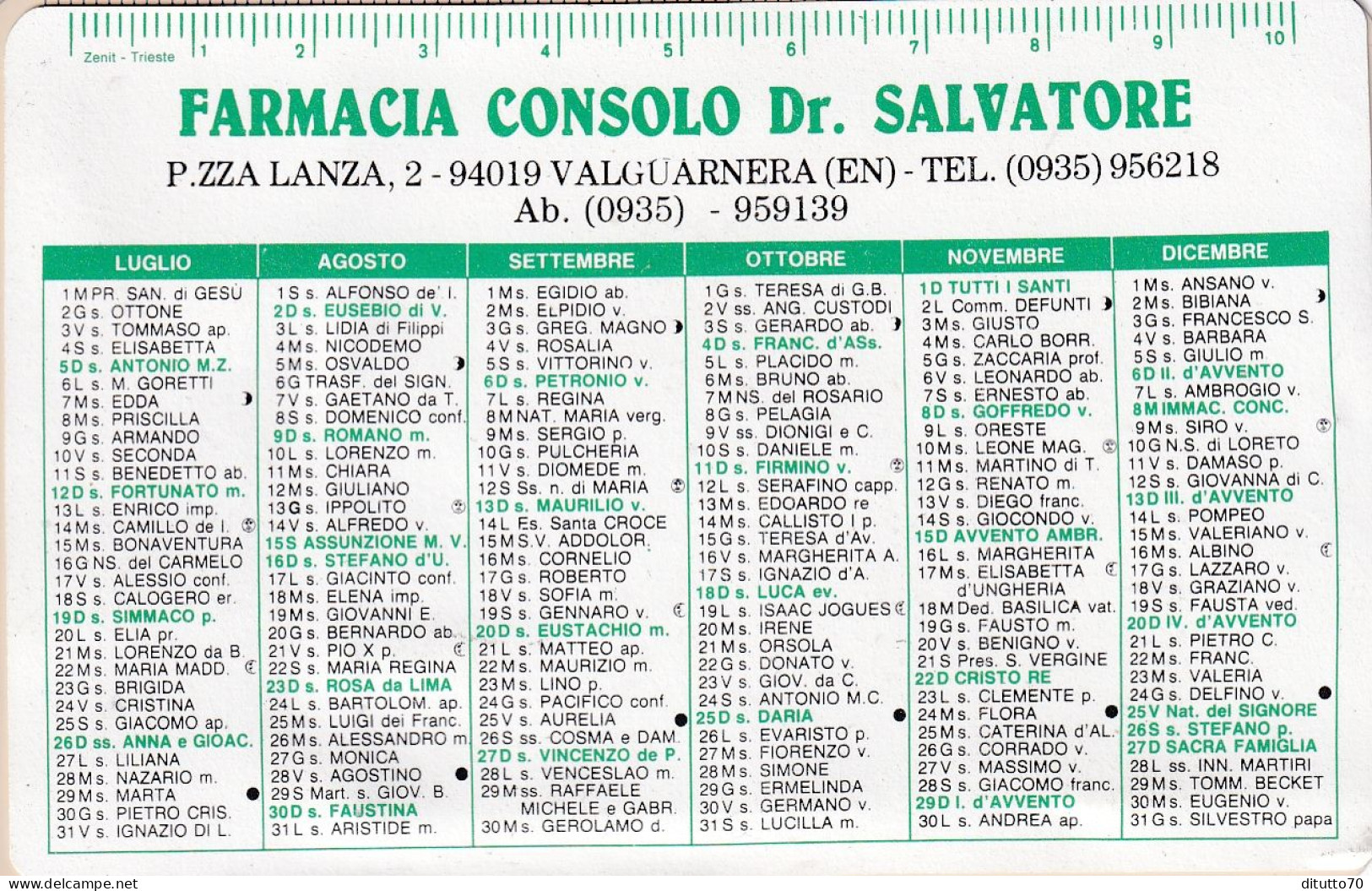 Calendarietto - Farmacia Consolo - Valguarnera - Enna - Anno 1992 - Formato Piccolo : 1991-00