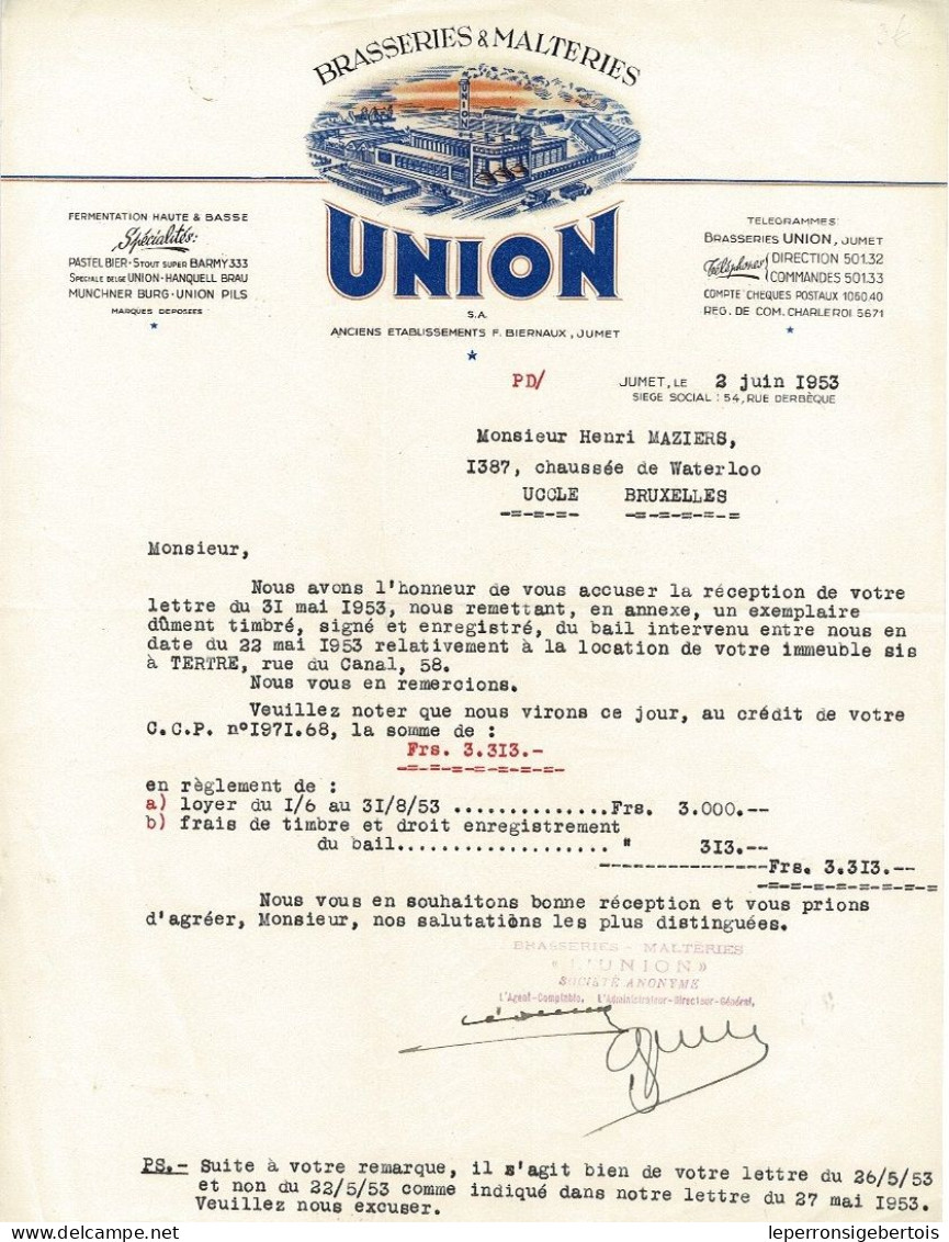 Lettre - Brasseries & Malteries Union à Jumet - - 1950 - ...