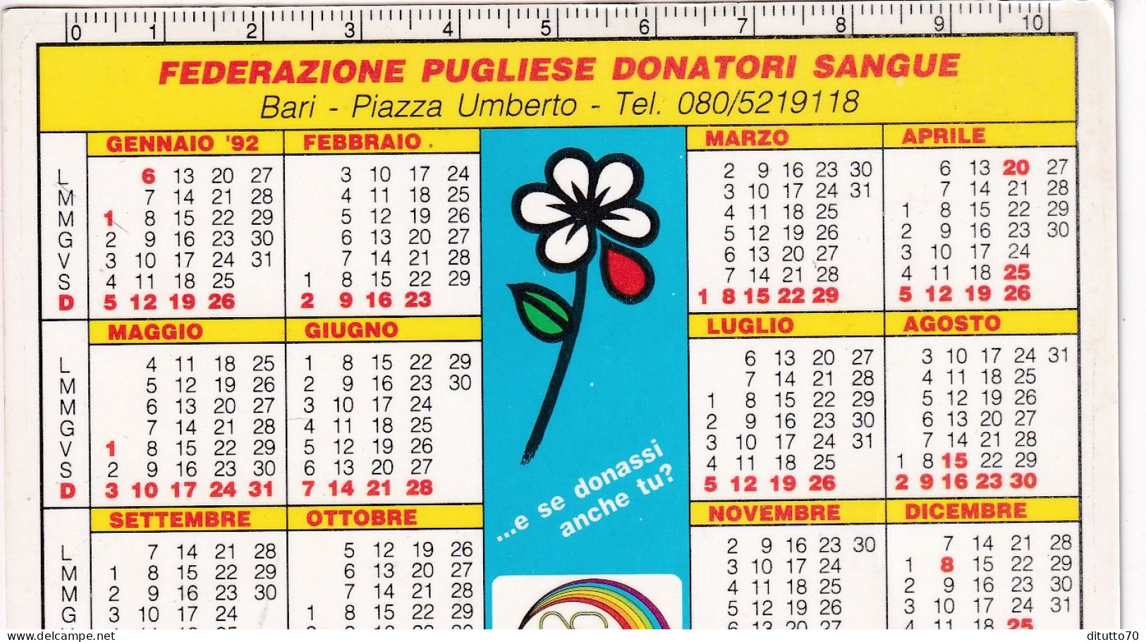 Calendarietto - Federazione Pugliese Donatori Di Sangue - Bari - Anno 1992 - Petit Format : 1991-00