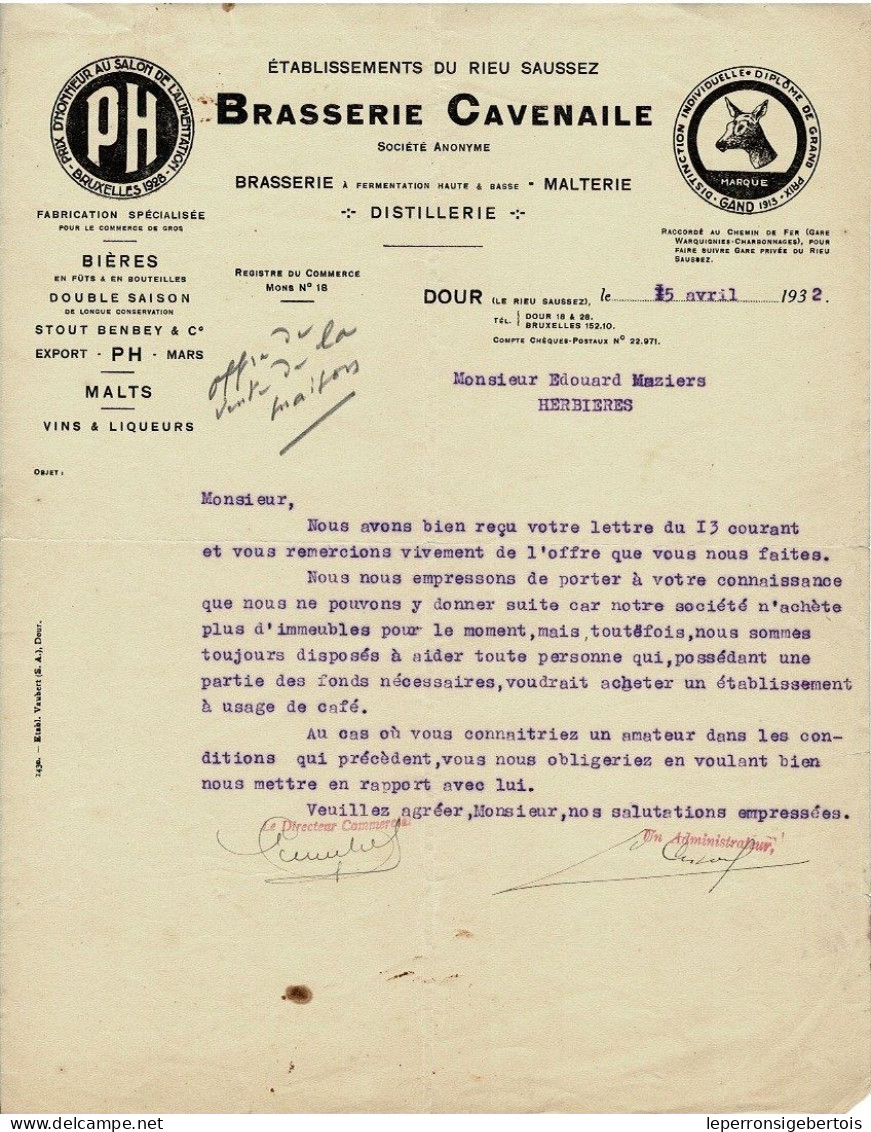 Lettre - Etablissements Du Rieu Saussez - Brasserie Cavenaille à Dour - 1900 – 1949