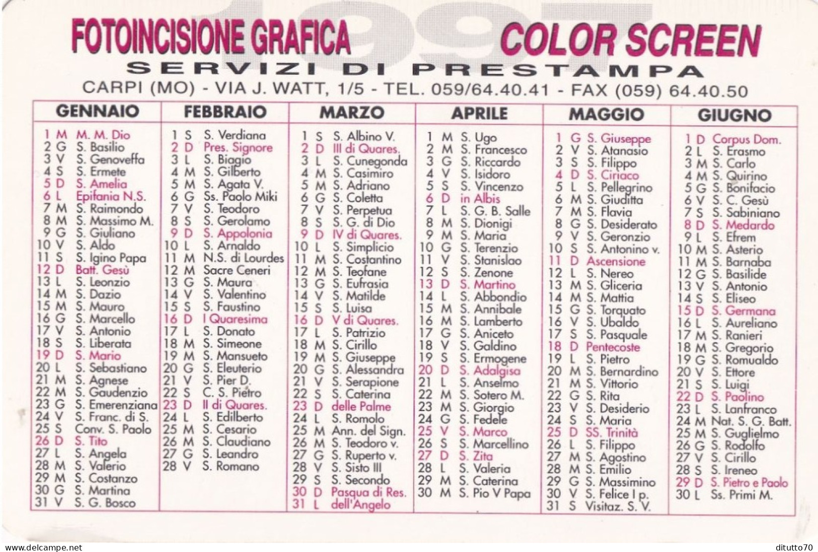 Calendarietto - Fotoincisione Grafica - Carpi - Modena - Anno 1992 - Formato Piccolo : 1991-00