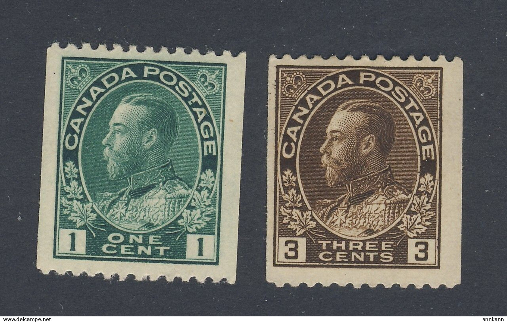 2x Canada George V Coil MH Stamps; #131 -1c VF #134 -3c F/VF Guide Value = $23.00 - Roulettes