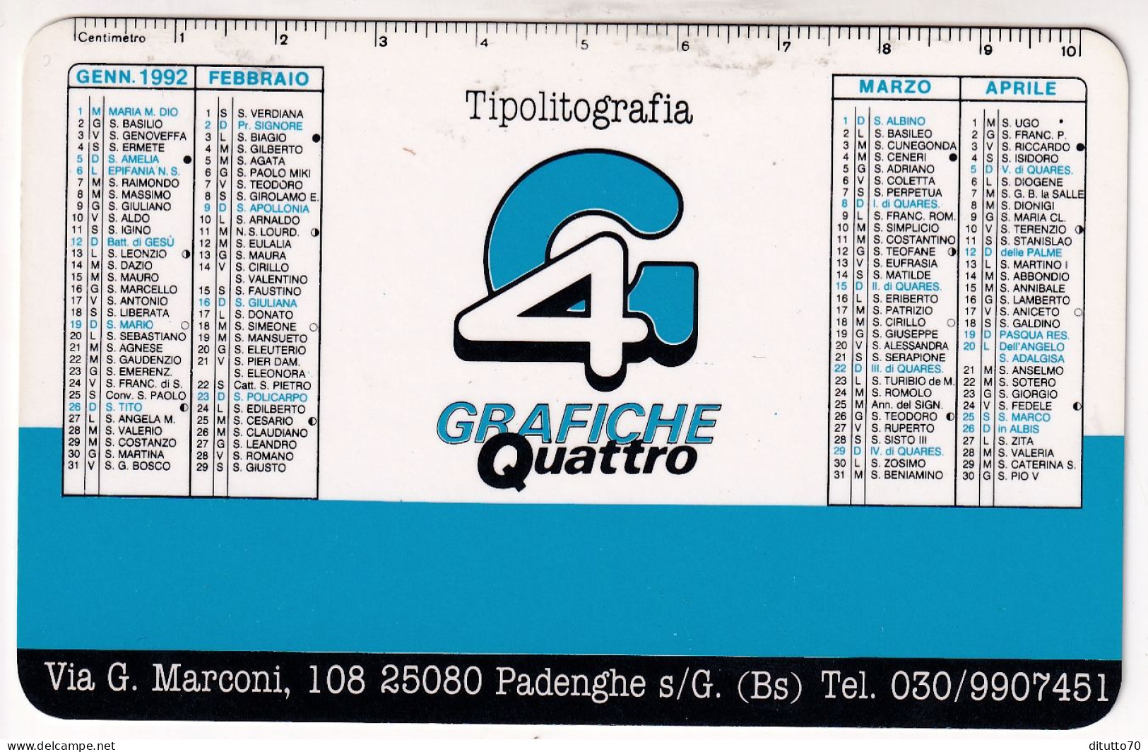 Calendarietto - G4 - Grafica Quattro - Pedenghe - Brescia - Anno 1992 - Formato Piccolo : 1991-00