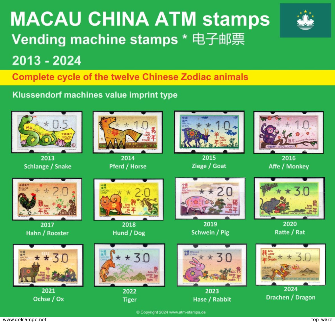Macau China ATM Stamps 2013-2024, Complete Collection Of All 12 Chinese Zodiac Animals - Klüssendorf Type - Distributors