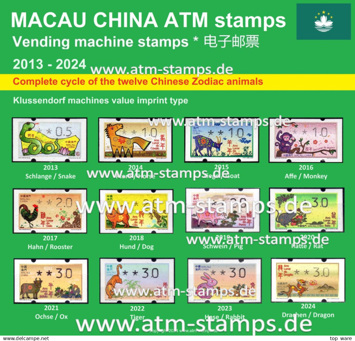 Macau China ATM Stamps 2013-2024, Complete Collection Of All 12 Chinese Zodiac Animals - Klüssendorf Type - Automatenmarken