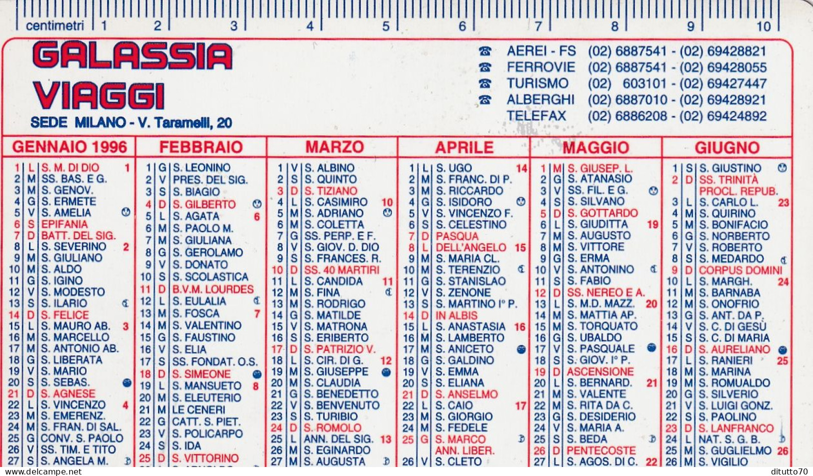 Calendarietto - Galassia Viaggi - Milano - Anno 1996 - Formato Piccolo : 1991-00