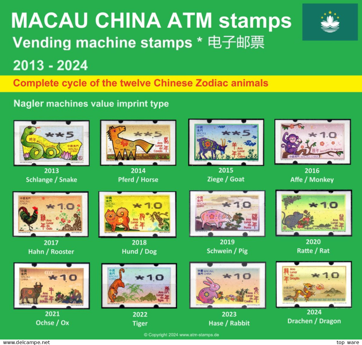 Macau China ATM Stamps 2013-2024, Complete Collection Of All 12 Chinese Zodiac Animals - Nagler Type - Distributors