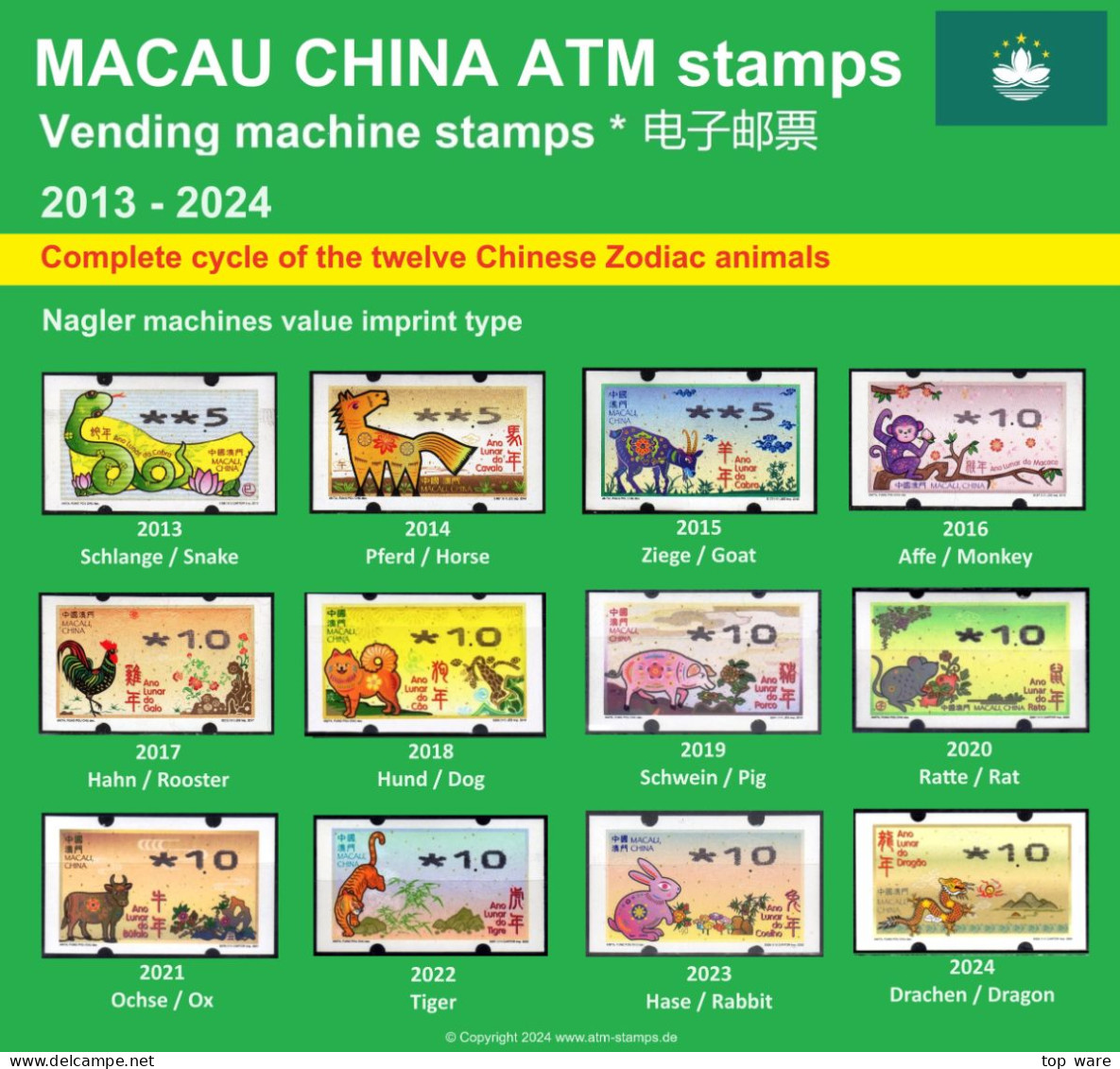 Macau China ATM Stamps 2013-2024, Complete Collection Of All 12 Chinese Zodiac Animals - Nagler Type - Distributori