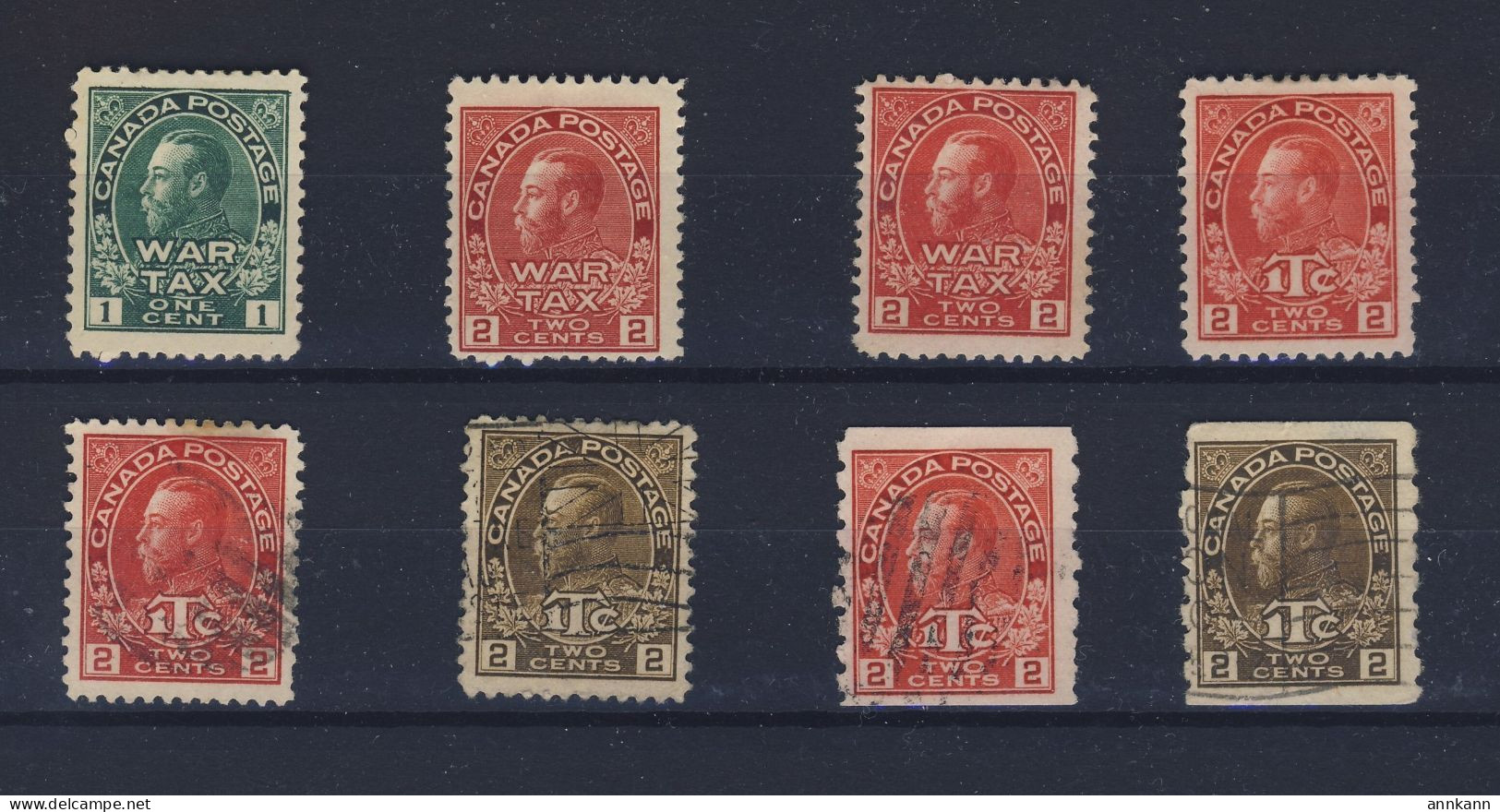 8x Canada George V Admiral WW1 War Tax Stamps 4x MH 4x Used Guide Value = $138.50 - War Tax