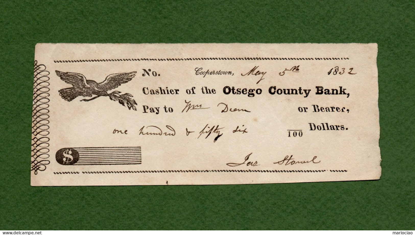 USA Check Otsego County Bank Cooperstown New York 1832 - Autres & Non Classés