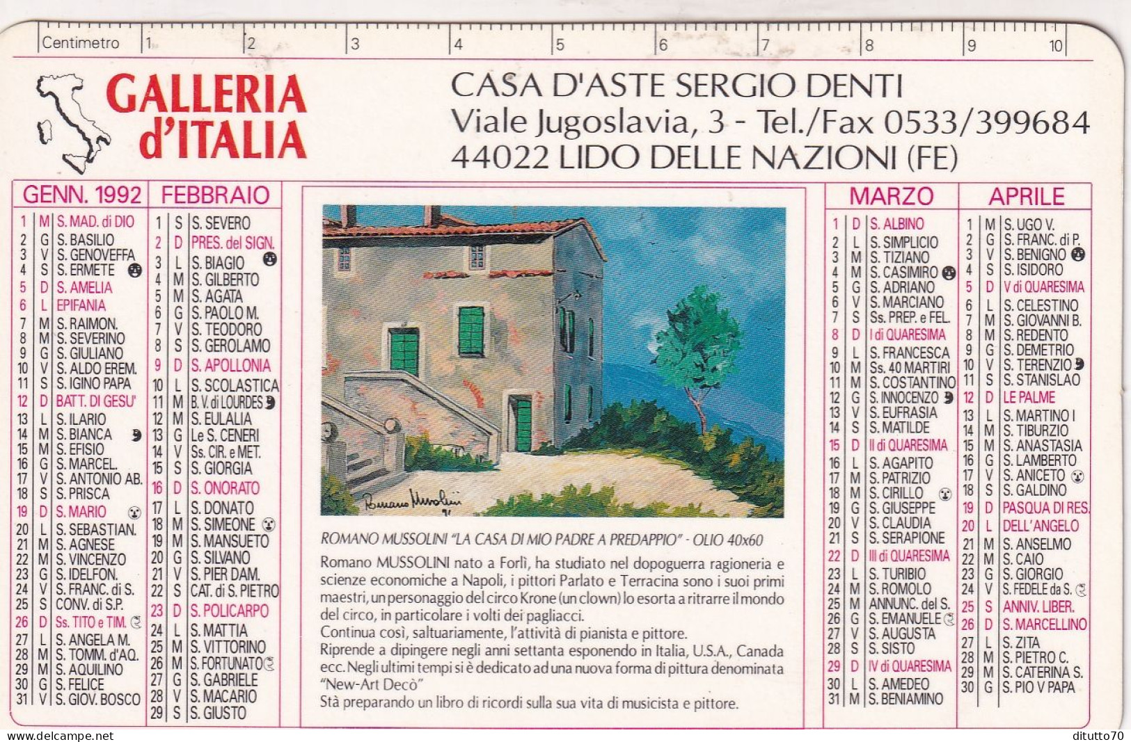 Calendarietto - Galleria D'italia - Casa D'aste Sergiodenti - Lido Delle Nazioni - Ferrara - Anno 1992 - Petit Format : 1991-00