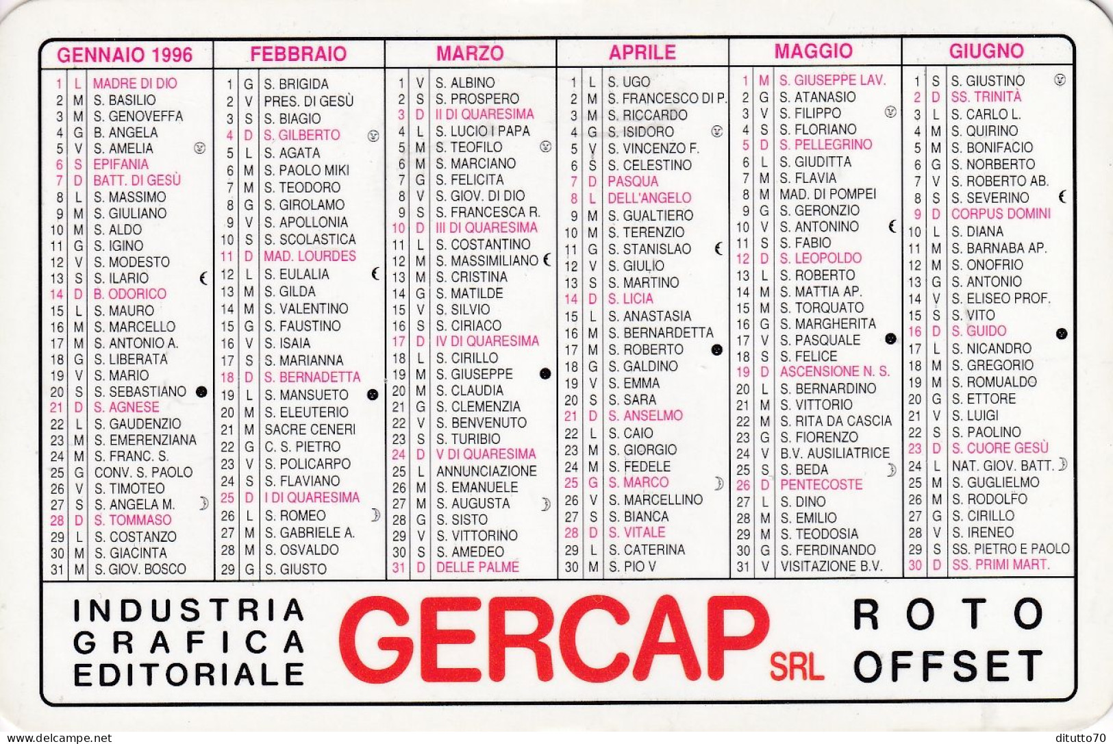 Calendarietto - Gercap - Industria Grafica Editoriale - Foggia - Anno 1996 - Petit Format : 1991-00