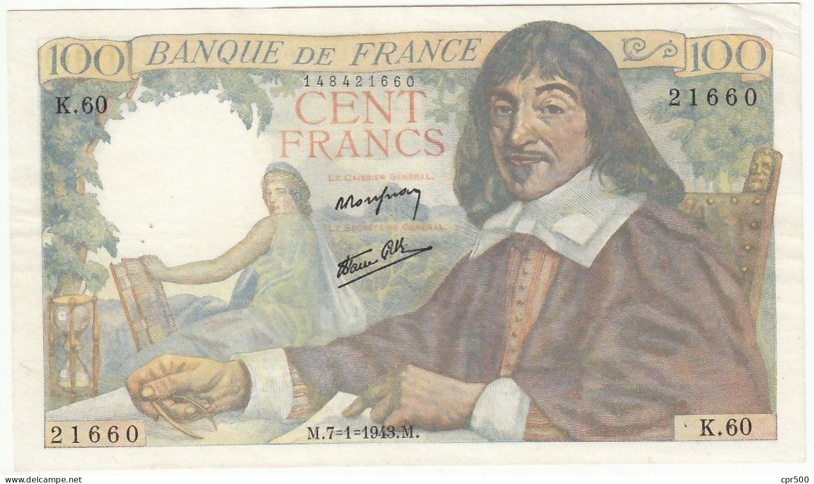 100 Francs Descartes Type 1942, F27.03, 1943, K.60, TTB+ - 100 F 1942-1944 ''Descartes''