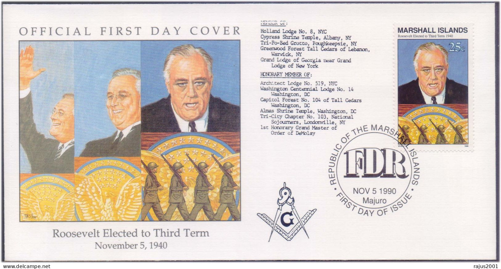 Franklin D Roosevelt 32nd US President, Holland Lodge No. 8 Architect Lodge No 519 Freemasonry Masonic Marshall FDC - Francmasonería