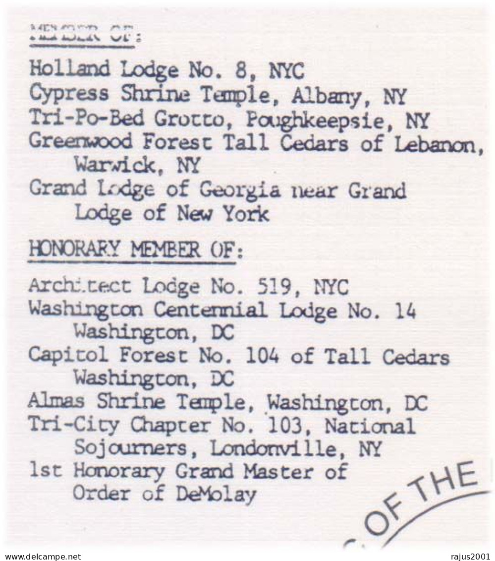 Franklin D Roosevelt 32nd US President, Holland Lodge No. 8 Architect Lodge No 519 Freemasonry Masonic Marshall FDC - Vrijmetselarij