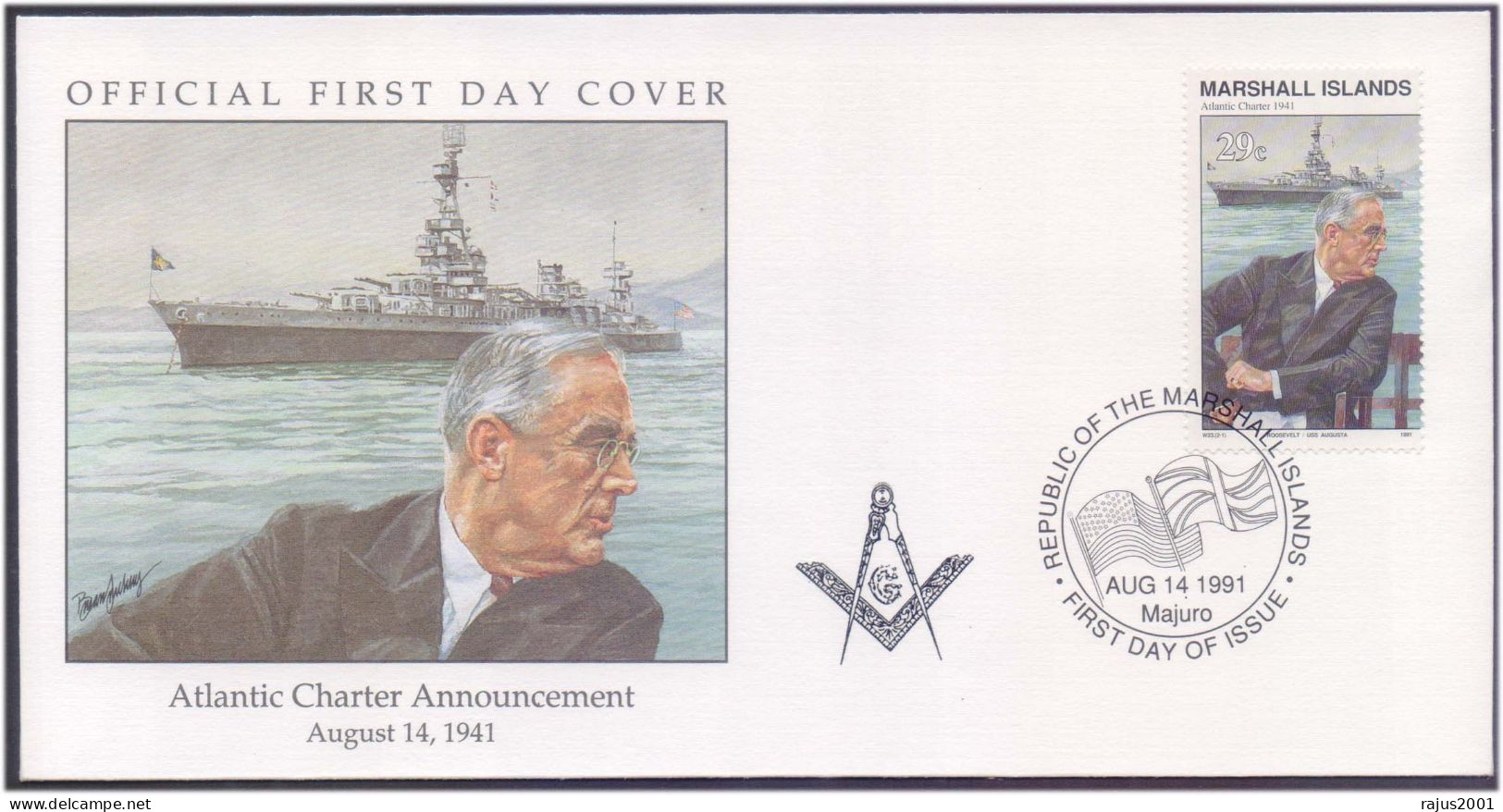 Franklin D Roosevelt Atlantic Charter Announcement, Member Of Holland Lodge No. 8 Freemasonry Masonic Marshall FDC - Freimaurerei