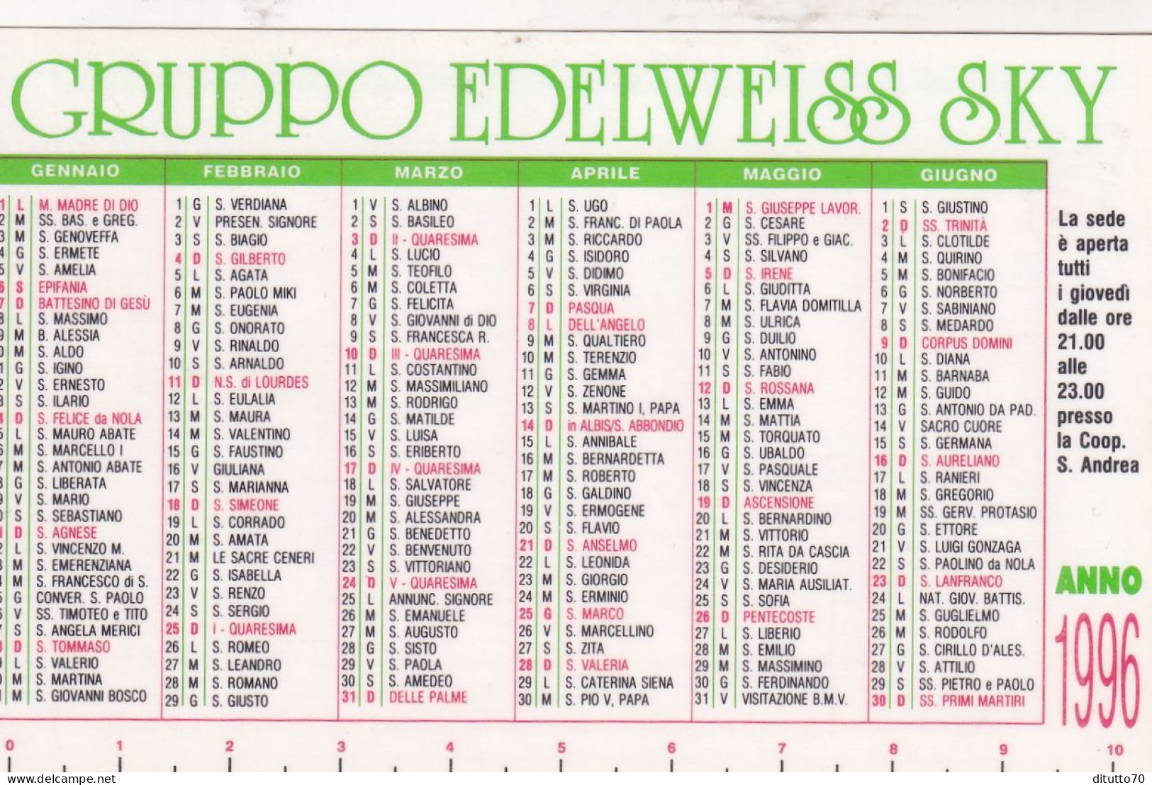 Calendarietto - Gruppo Edelweiss Sky- Anno 1996 - Petit Format : 1991-00