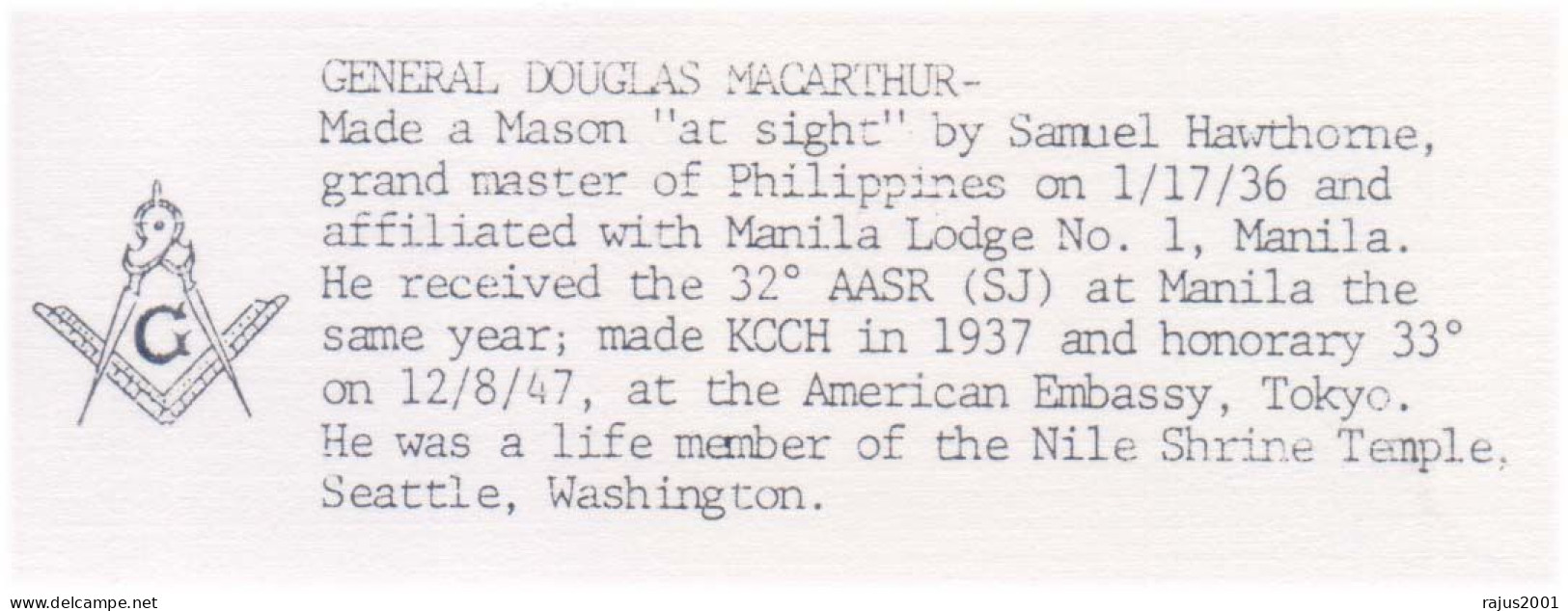 General Douglas Macarthur, Mason At Sight, Manila Lodge No 1, Life Member Of Nile Shrine Temple Freemasonry Masonic FDC - Freimaurerei