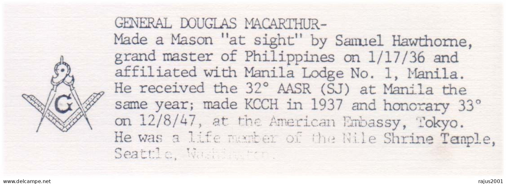 General Douglas Macarthur, Mason At Sight, Manila Lodge No 1, Life Member Of Nile Shrine Temple Freemasonry Masonic FDC - Francmasonería