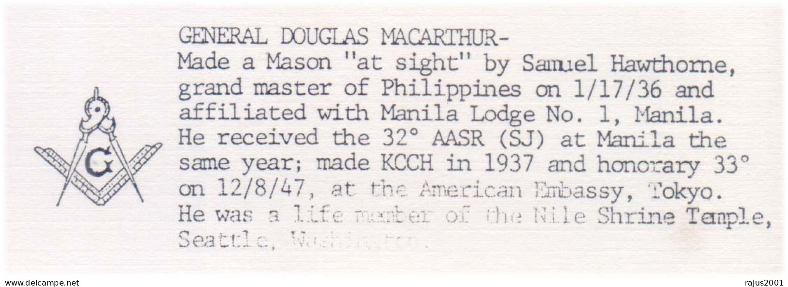 General Douglas Macarthur, Mason At Sight, Manila Lodge No 1, Life Member Of Nile Shrine Temple Freemasonry Masonic FDC - Massoneria