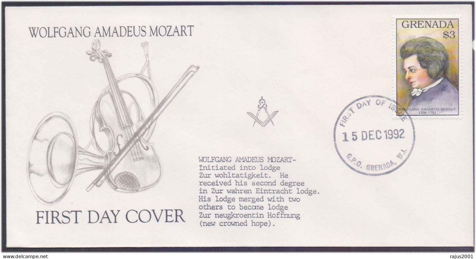 Mozart Member Masonic Lodge Zur Wohltätigkeit, Freemasonry Composer, Musical Instrument Violin, Trumpet, Grenada FDC - Massoneria