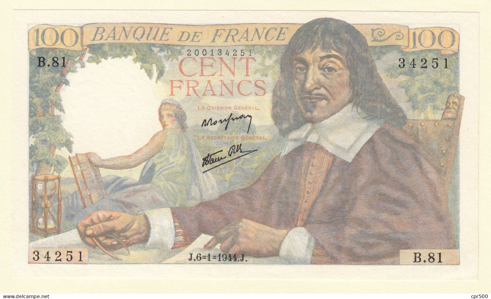 100 Francs Descartes Type 1942, F27.04, 1944, B.81, Pr.Neuf - 100 F 1942-1944 ''Descartes''