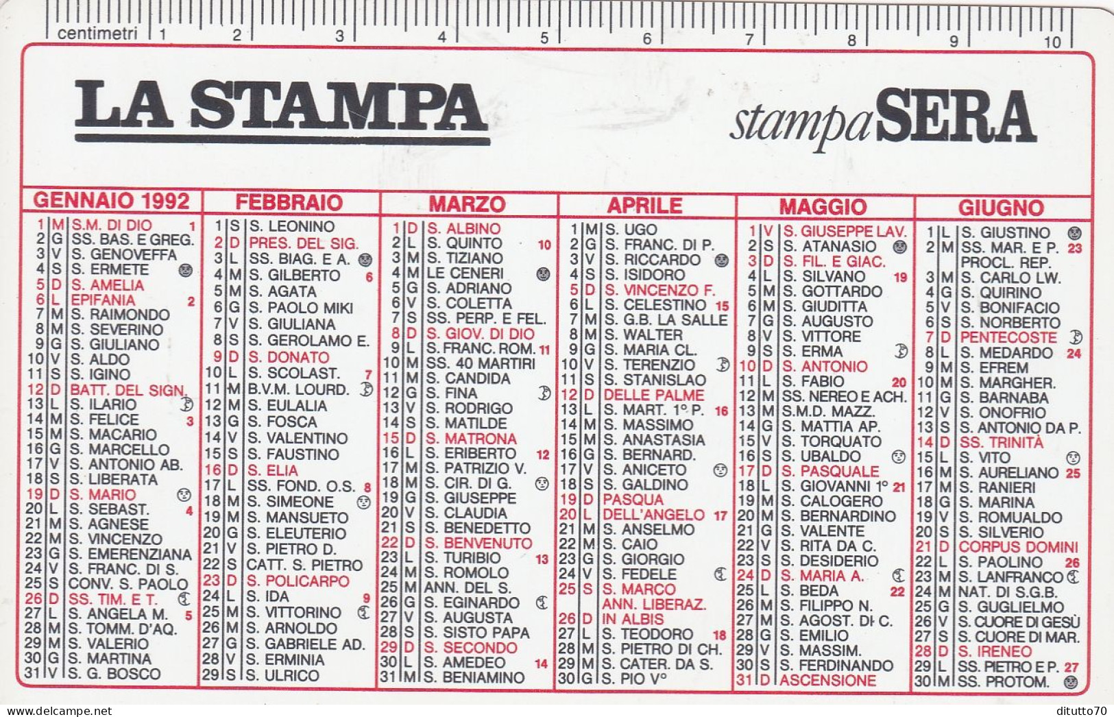 Calendarietto - La Stampa - Sera - Anno 1992 - Petit Format : 1991-00