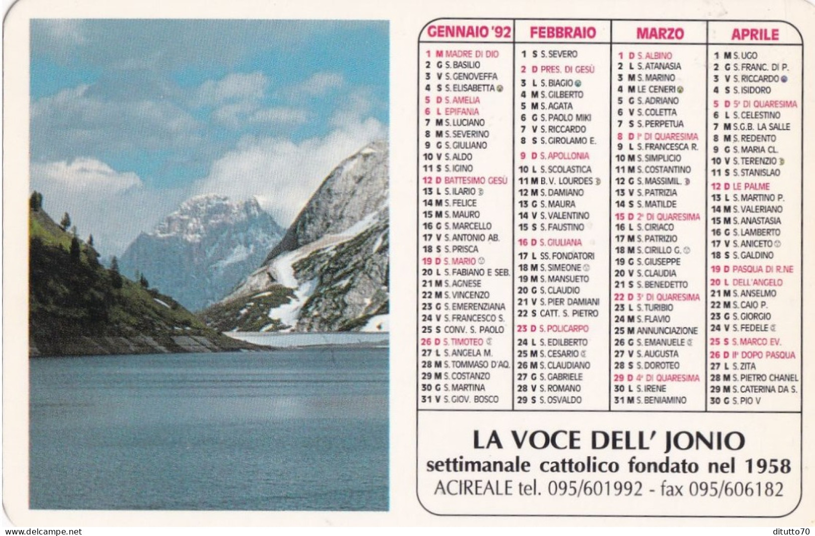 Calendarietto - La Voce Dell'jonio - Acireale - Anno 1992 - Petit Format : 1991-00