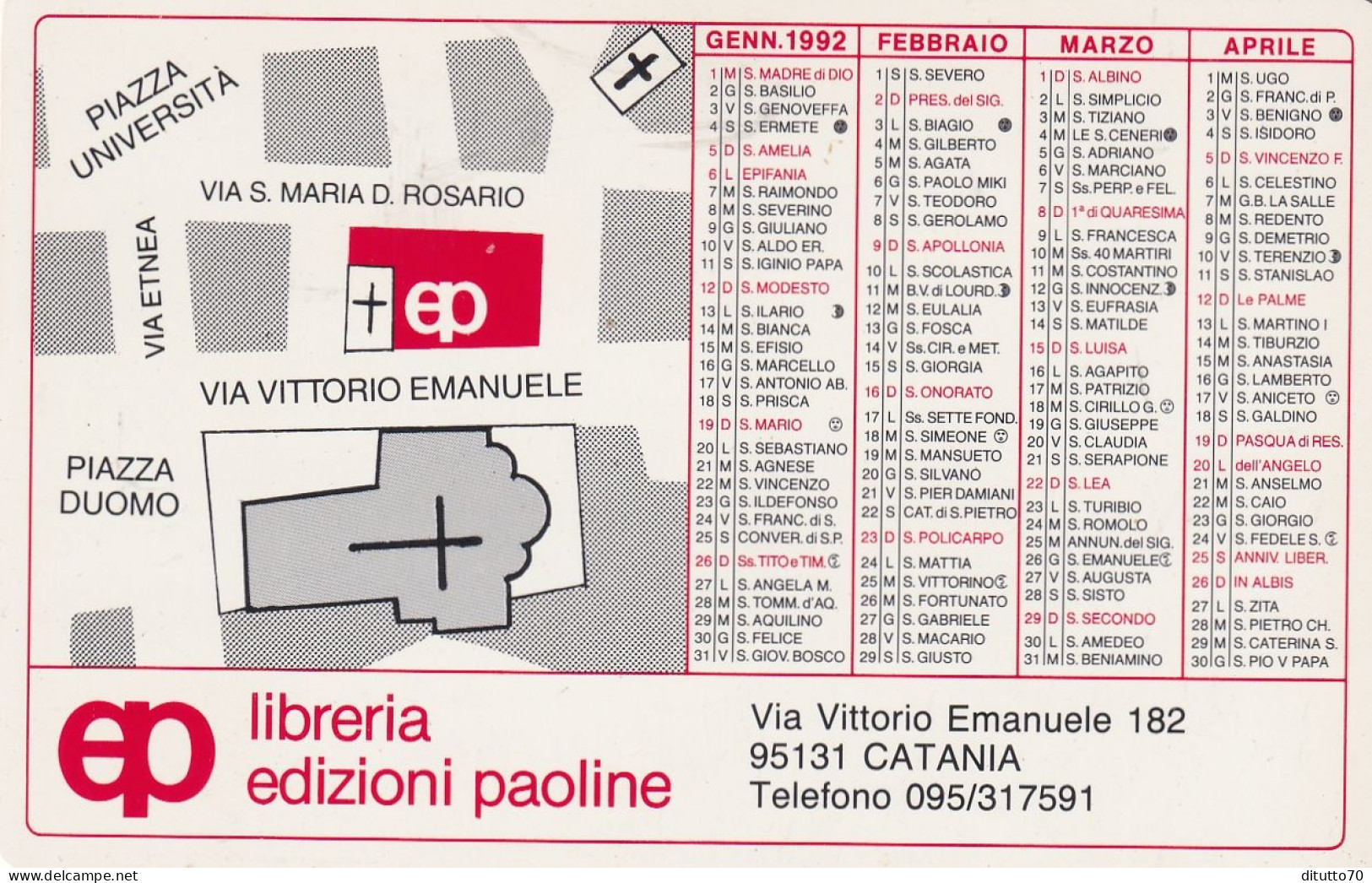 Calendarietto - Libreria Edizioni Paoline - Catania - Anno 1992 - Petit Format : 1991-00